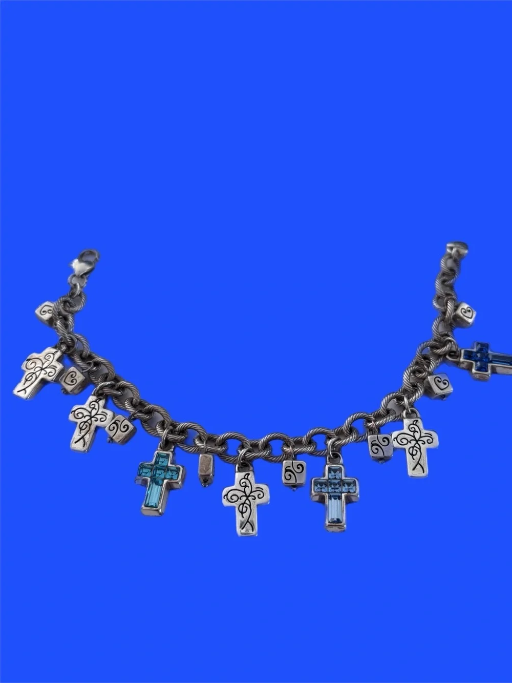 Brighton Purity Silver Tone Cross Bracelet ~Blue, Purple Crystals~ 8
